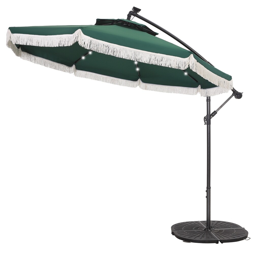 Outdoor 10Ft Double Top Crank Umbrella Patio Cantilever Umbrella with Fringe Tassel and LED Lights