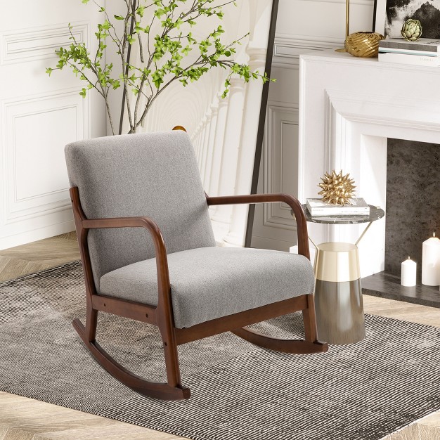 Homcom Upholstered Rocking Armchair With Wood Base And Linen Fabric Padded Seat For Living Room