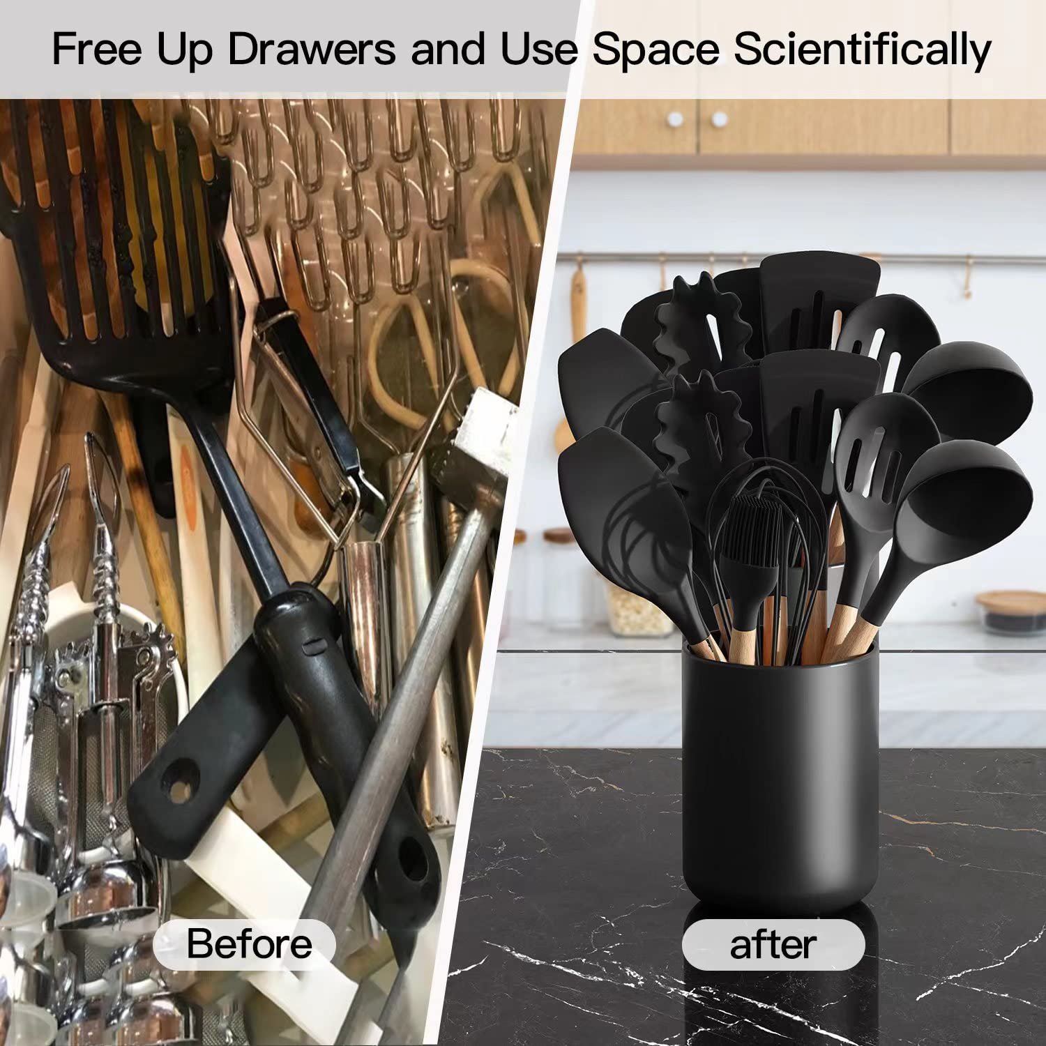 Kitchen Utensil Holder For Countertop， Black Ceramic Kitchen Utensils Crock For Counter Or