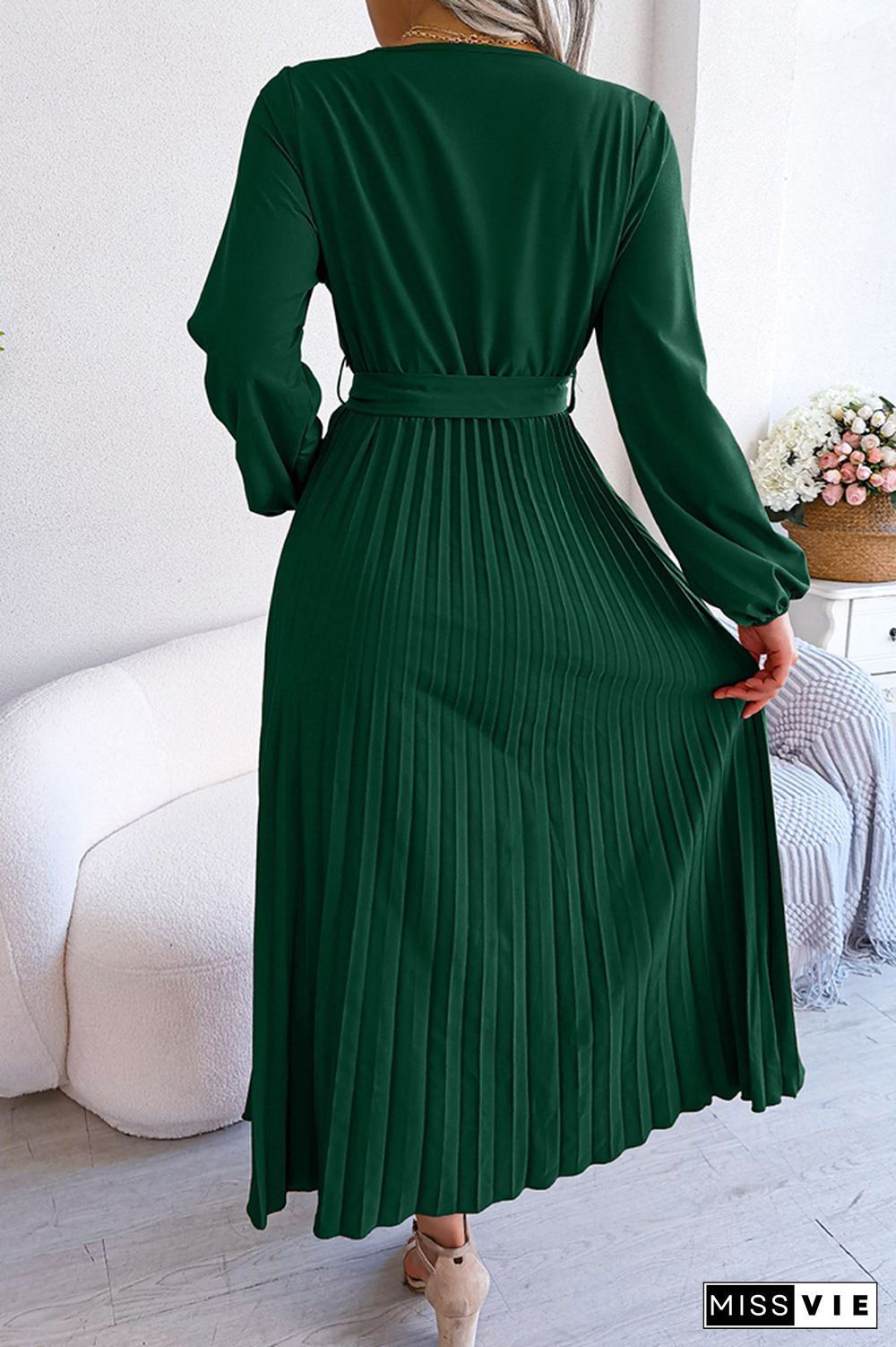 Plain Wrap V Neck Pleated Maxi Dress