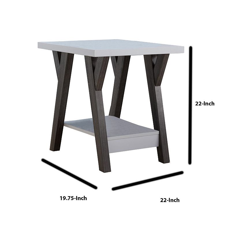 22 Inch Two Tone End Table with Bottom Shelf， White and Gray