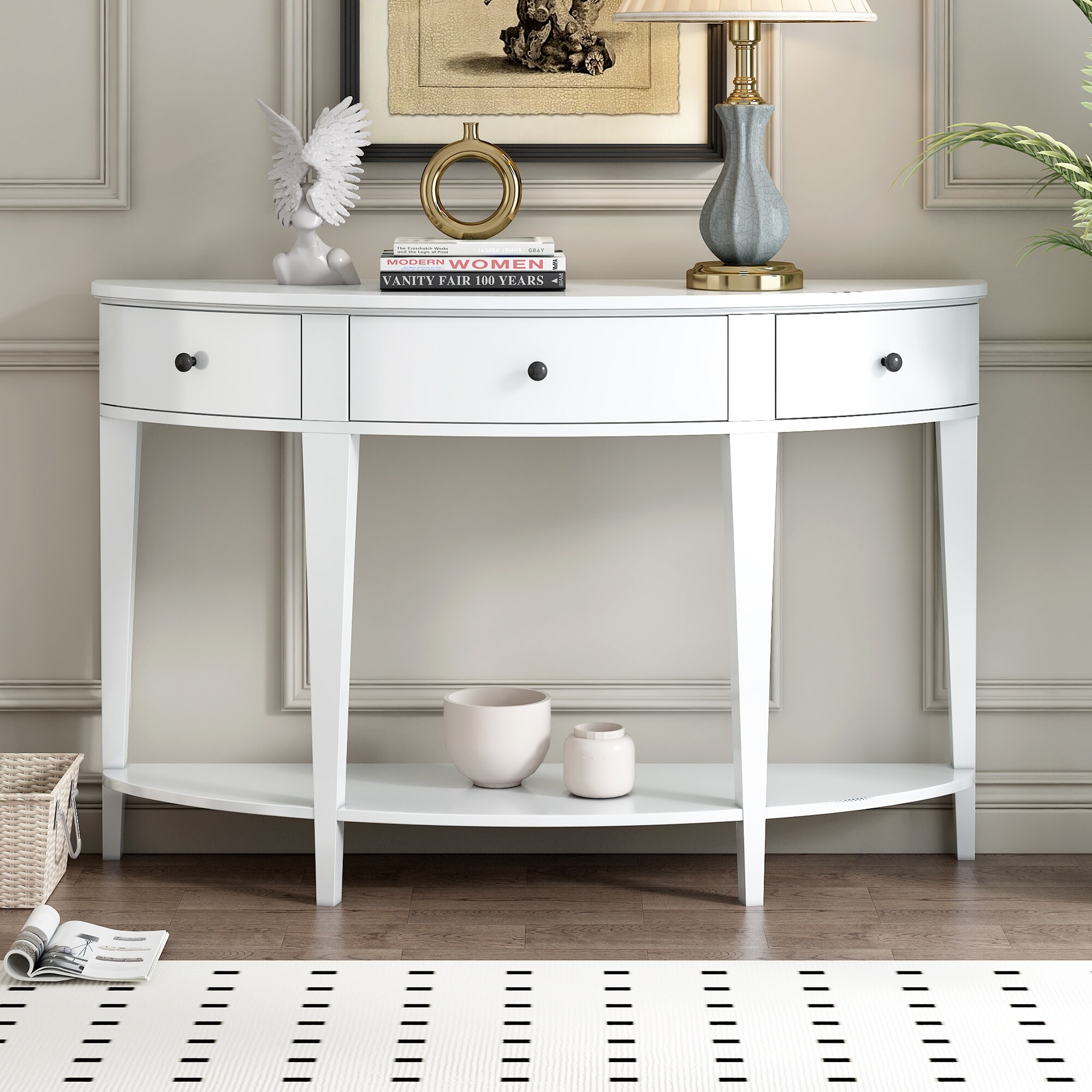 Modern Curved Console Table Sofa Table with 3 Drawers and 1 Shelf