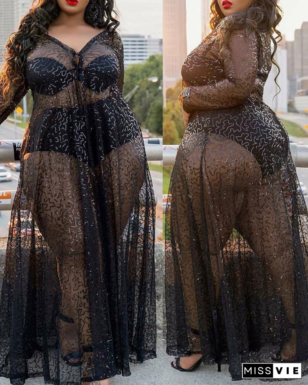 Plus Size Sheer Mesh Maxi Dress P14076