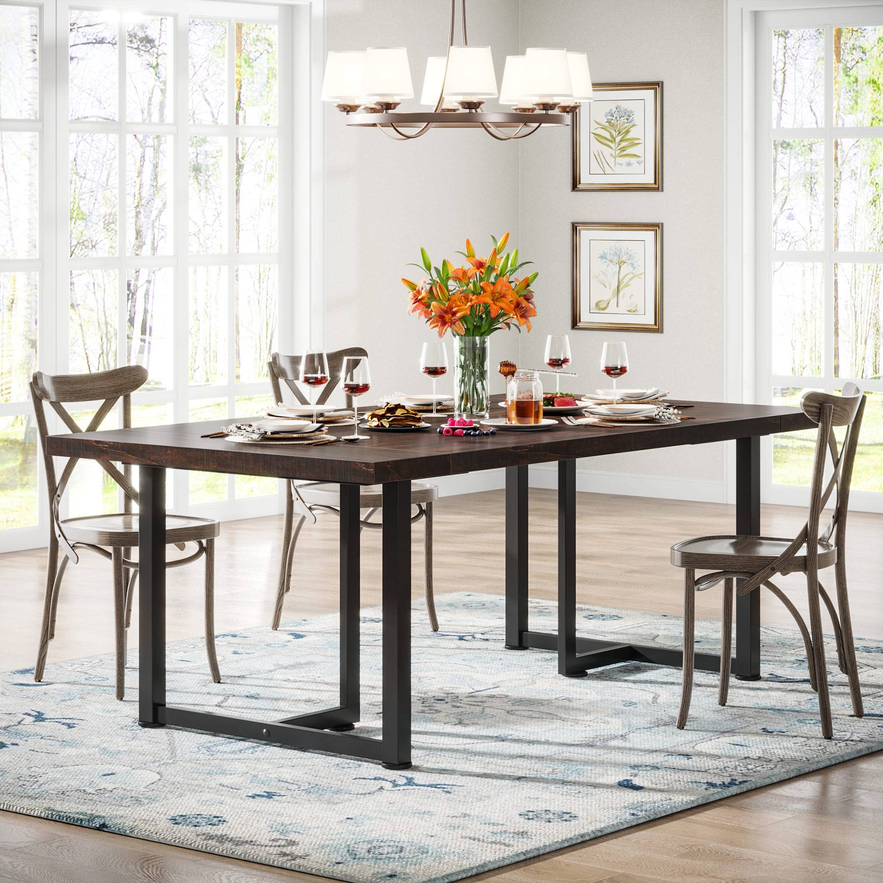 Farmhouse Dining Table, Industrial Rectangular Kitchen Table for 4-6 People