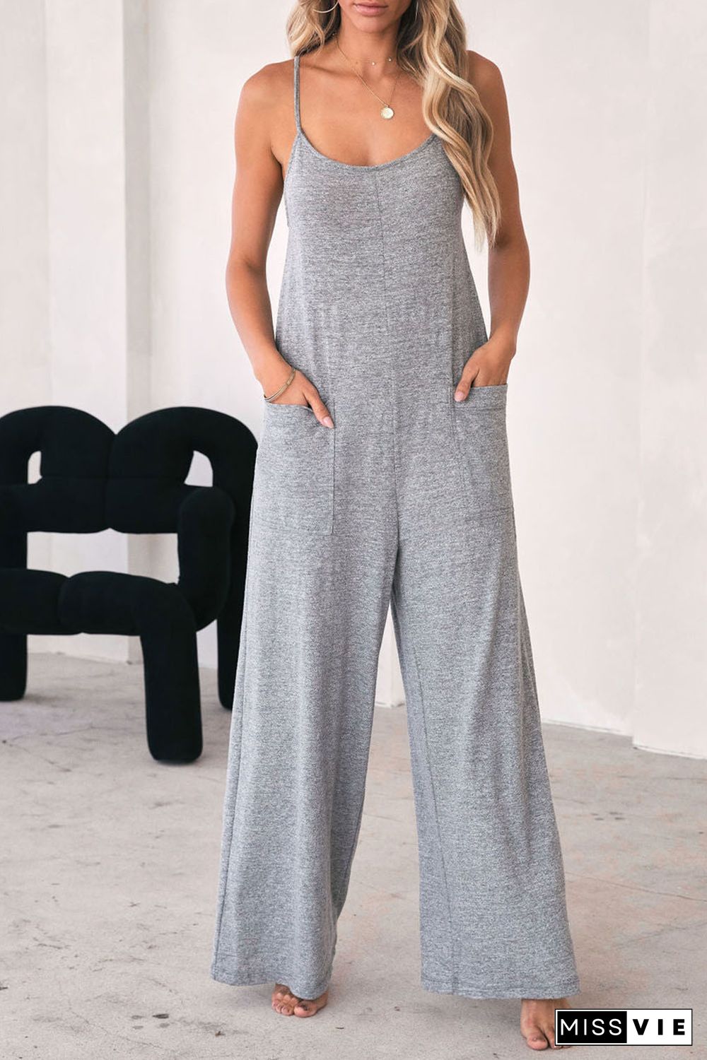 Gray Loose Fit Side Pockets Spaghetti Strap Wide Leg Jumpsuit