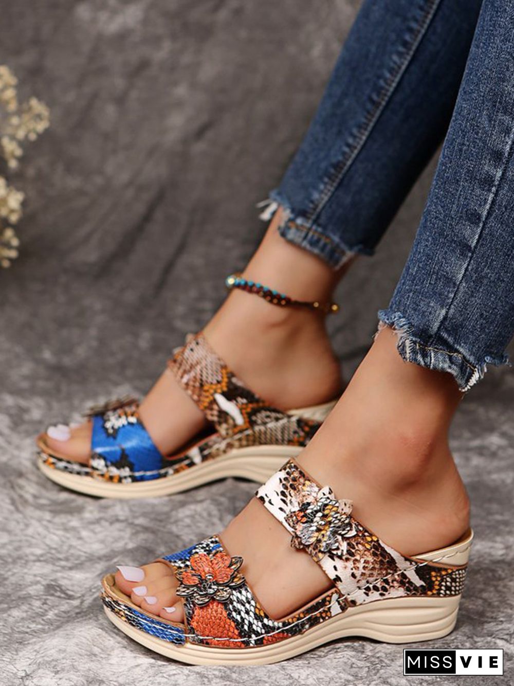 3D Floral Snake Print Wedge Sandals Slippers