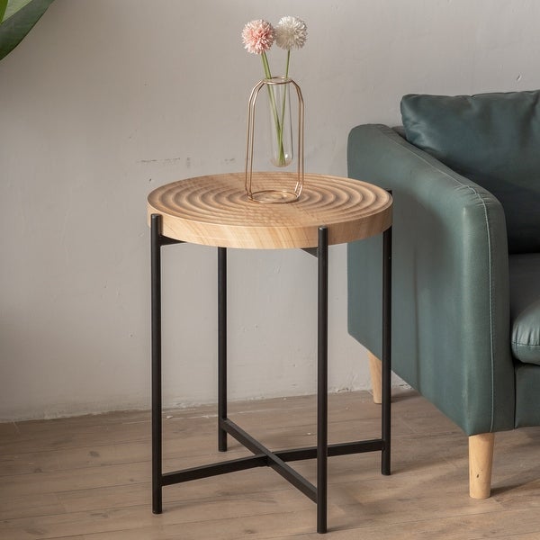 Modern Thread Design Round Coffee Table with Concentric Circular Pattern， MDF Table Top with Cross Legs Metal Base