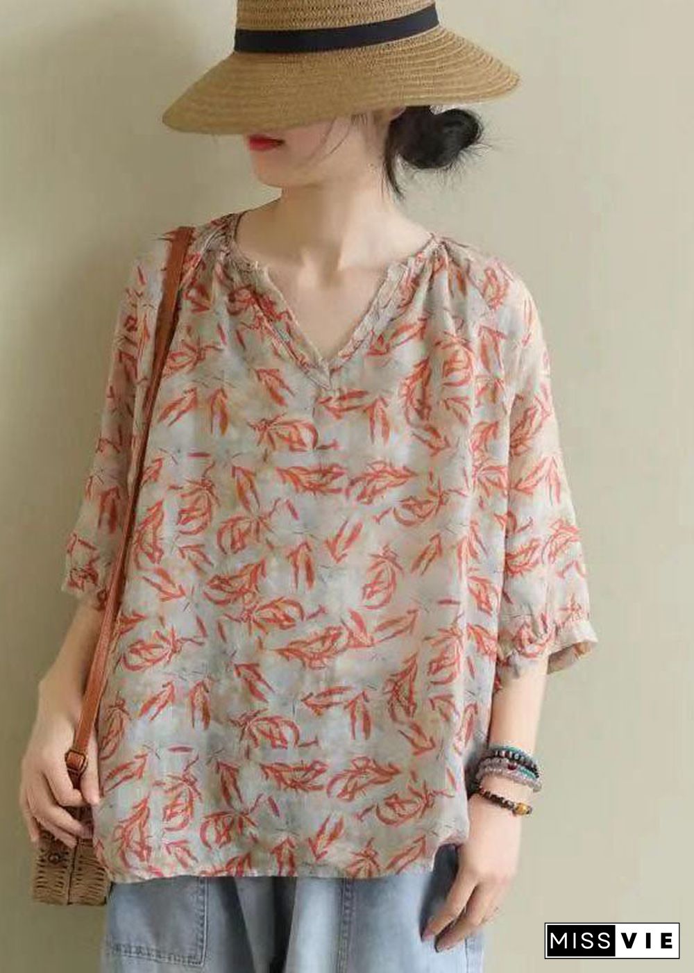 Vintage V Neck Print Loose Fall Shirt Half Sleeve