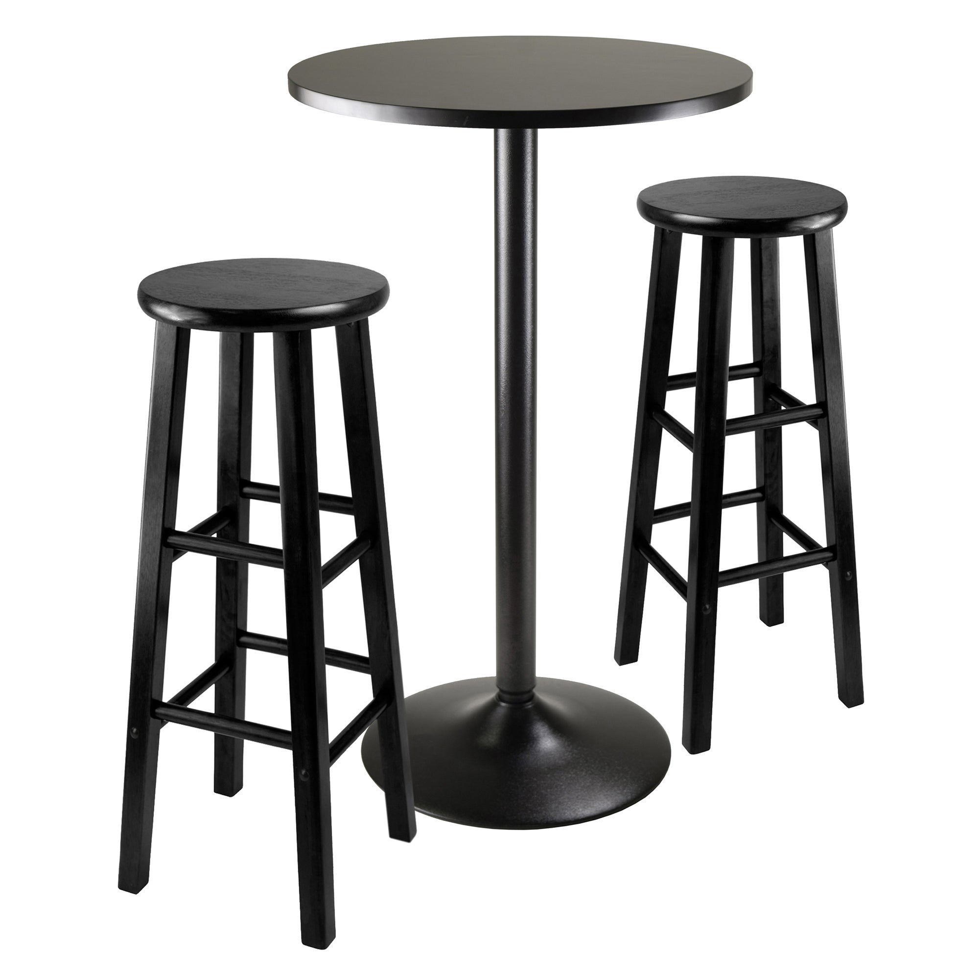 Wood Obsidian 3-Pc Pub Set， Round Table and 2 Round Seat Bar Stools