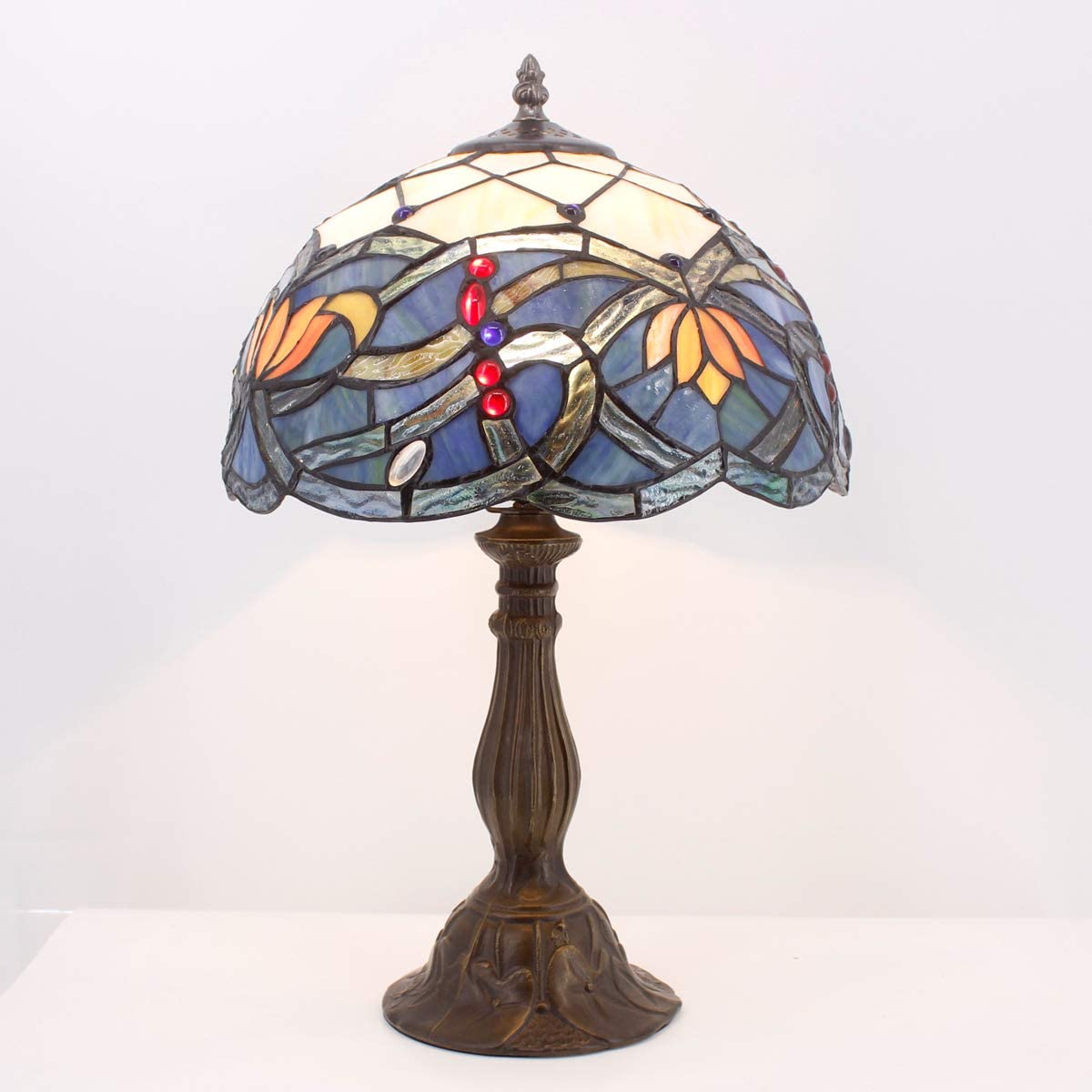 SHADY Tiffany Table Lamp Stained Glass Bedside Lamp Blue Lotus Desk Reading Light 12X12X18 Inches Decor Bedroom Living Room Home Office S220 Series