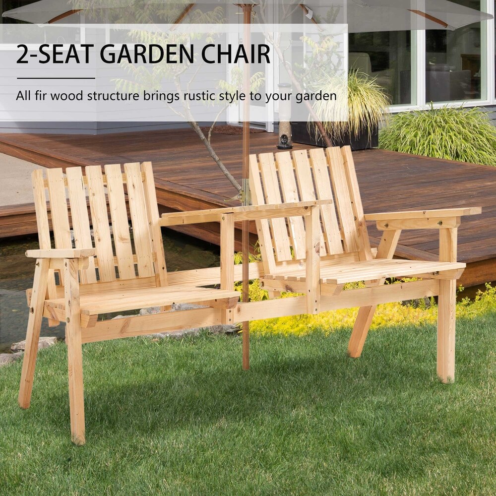 Outsunny Outdoor Patio Wooden Double Chair Garden Bench with Middle Table   Natural Weather Fighting Materials   60\