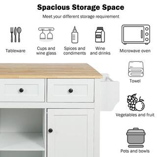 Runesay White Rubber Wood 53 in. W Kitchen Island Cart with Drop-Leaf Countertop and Cabinet Door Internal Storage Racks KIW-231