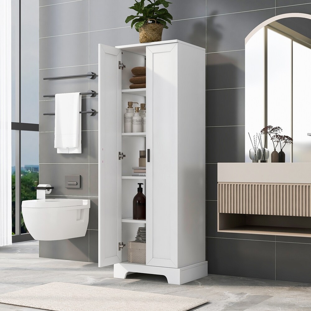 Tall Bathroom Storage Cabinet  5 Tier Freestanding Linen Tower Cabinet with 2 Doors  Storage Organizer Narrow Slim Floor Cabinet