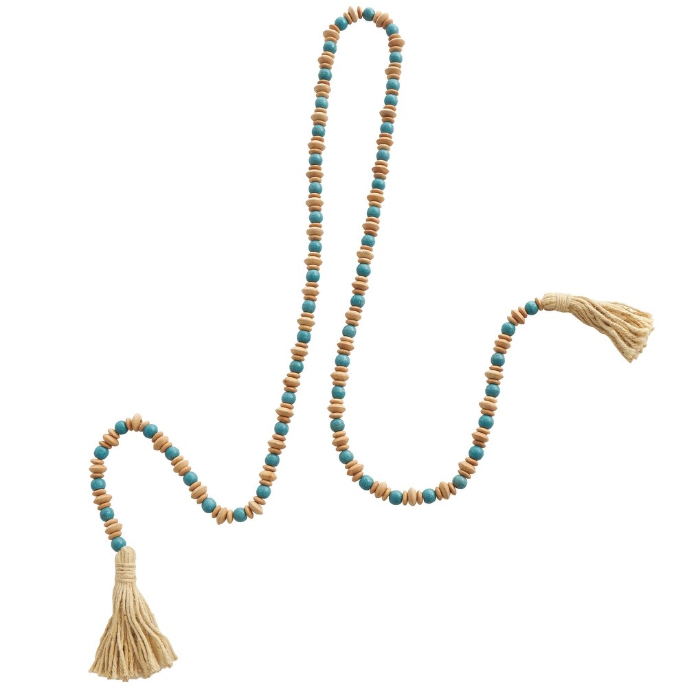 Teal Mango Wood Handmade Round Long Carved Beaded Garland with Tassel with Brown Beaded Disks