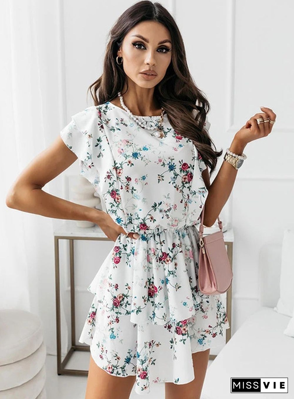 Women Beach Mini Dress Summer Bohemian Casual Loose Floral Print Cocktail Beach Short Dress Sundress Rope