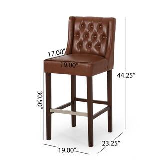 Noble House Bayliss 44.25 in. Cognac Brown High Back Wood Bar Height Foot Rest Bar Stool with Faux Leather Seat (Set of 2) 83320