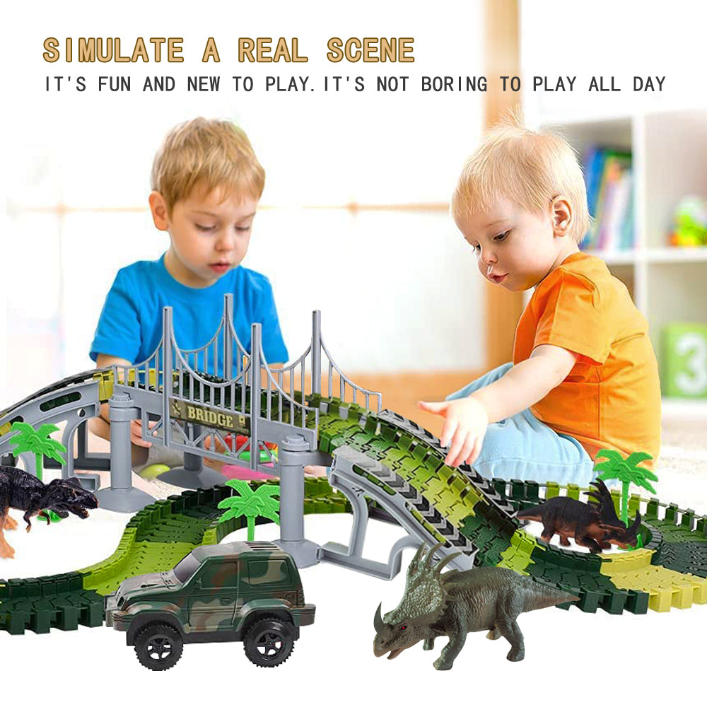 Welltop Dinosaurs Race Track Toys with 144 Flexible Track， 1 LED Dinosaur Racing Cars， for Boys Girls Kids Age 3 4 5 6 7+