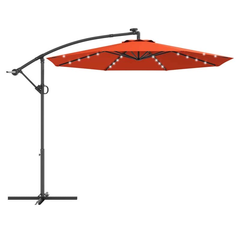 10 FT Patio Offset Umbrella with Solar Lights 360° Rotation Outdoor Market Umbrella with Crank Handle & Cross Base