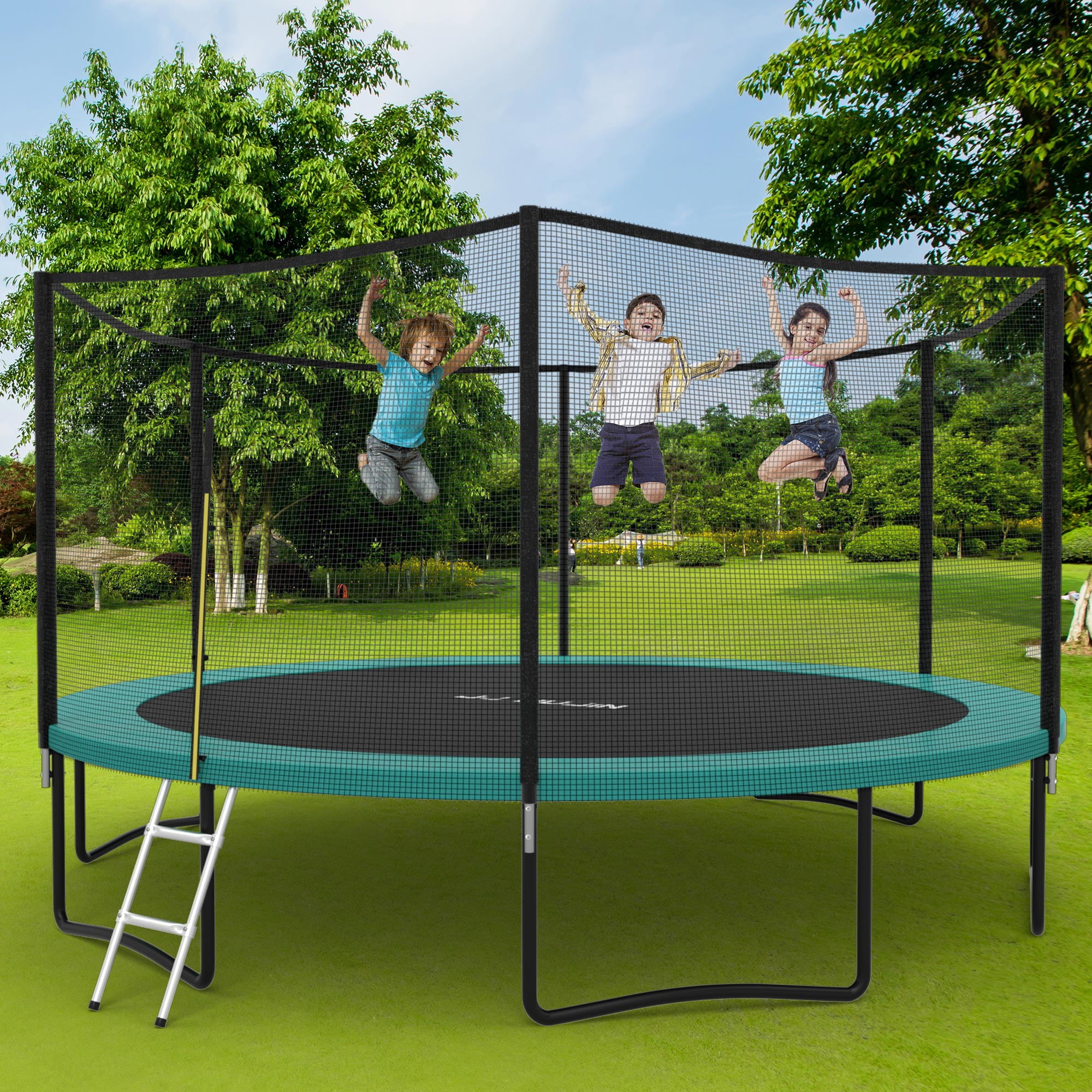 14FT Trampoline with Enclosure Net, Outdoor Trampoline for Kids and Adults, Recreational Trampoline with Ladder, 330LBS Weight Capacity, Backyards, Garden Use