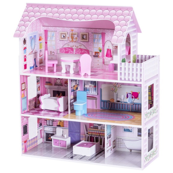 Costway 38925701 28 Inch Pink Dollhouse with Furni...