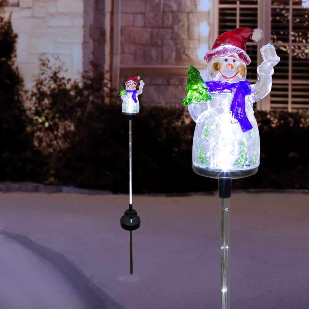 Alpine Corporation 34 in. Tall Solar Snowman Fiber Optic Garden Stake with LED Lights, Set of 2 QLP1103SLR-2