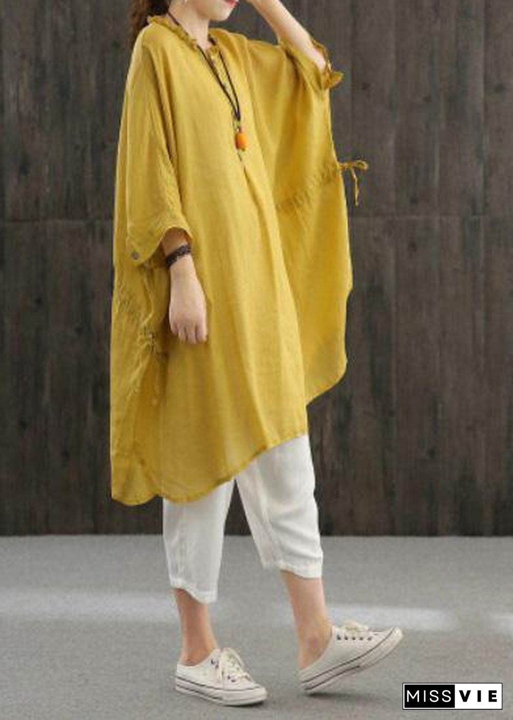 Chic Yellow Shirts O Neck Cinched Top