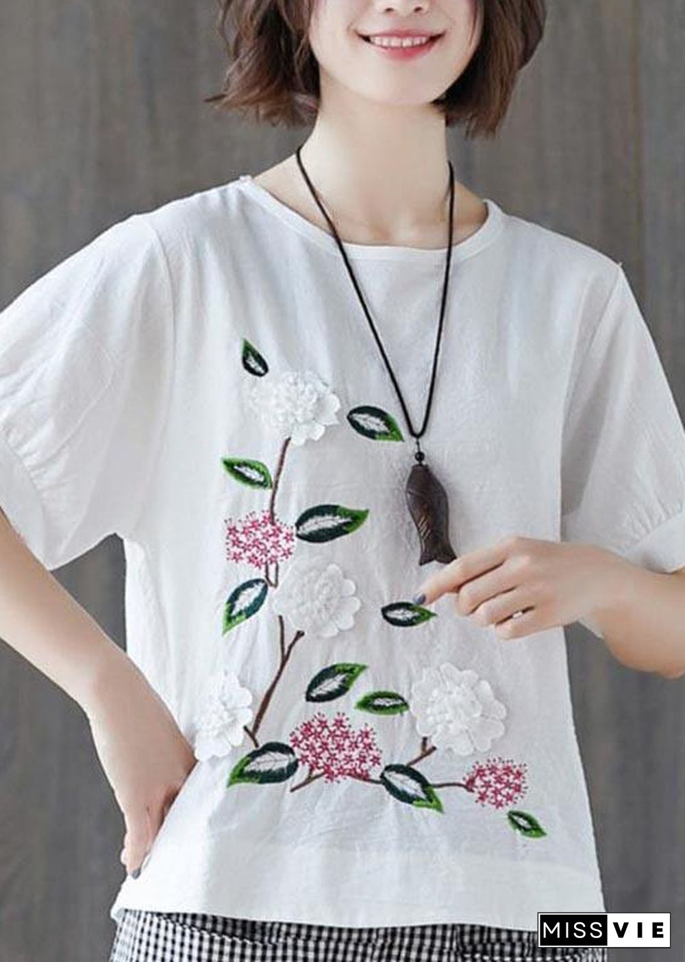 Loose White Embroideried Floral Cotton Linen Tees Summer