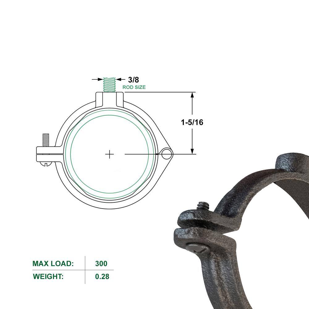 The Plumber's Choice 1-14 in. Hinged Split Ring Pipe Hanger Malleable Iron Clamp with 38 in. Rod Fitting for Suspending Tubing (5-Pack) 114HSHB-5