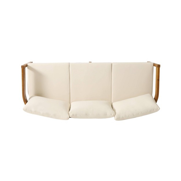 Brooklyn Outdoor Acacia Wood 3 Seat Sofa With Cushions Teak beige Christopher Knight Home