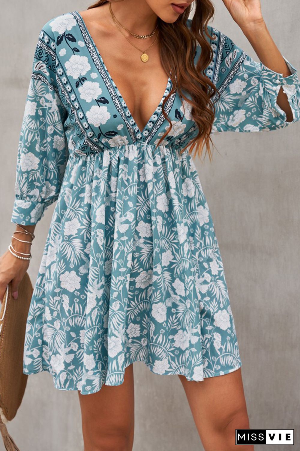 Green V Neck 3/4 Sleeve Bohemian Vintage Print Mini Dress