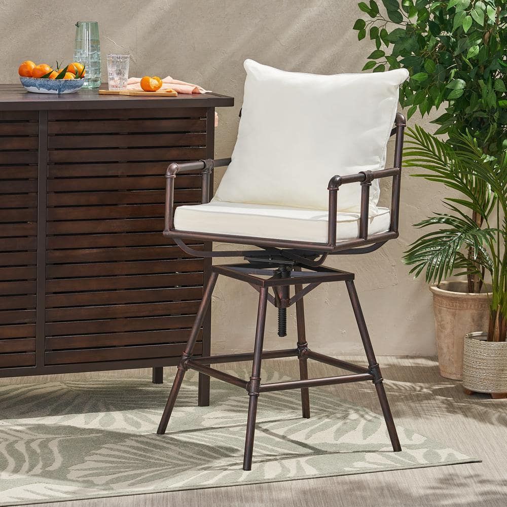 Noble House Jacoby Swivel Metal Outdoor Bar Stool with Beige Cushion 6460