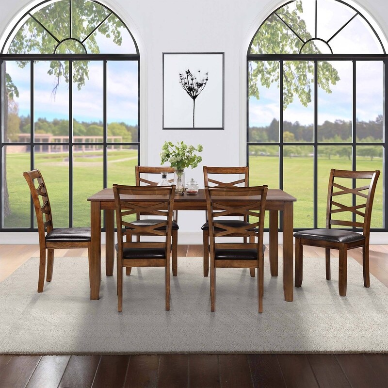 Classic Farmhouse Solid Wood/ Faux Leather 7 piece Rectangle Dining Set