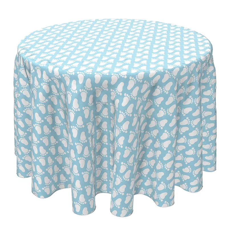 Round Tablecloth， 100% Cotton， 60 Round， Baby Blue Foot Prints