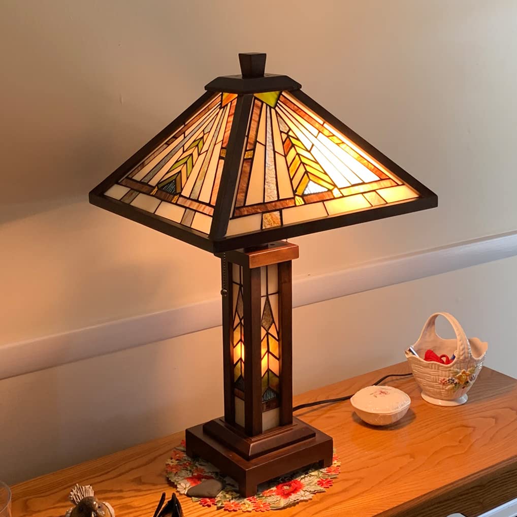 Vinplus  Table Lamp Night Light 16" Wide Handmade Stained Glass Lamp Shade 3 Light Wooden Frame Mission Style Vintage Table Lamp