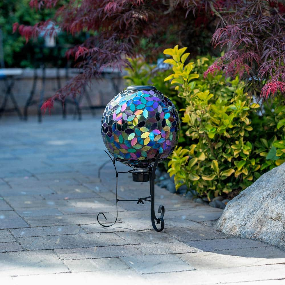 Alpine Corporation Outdoor Solar Powered Glass Mosaic Gazing Globe with Metal Stand Yard Decoration, Purple GRS122A-SLR