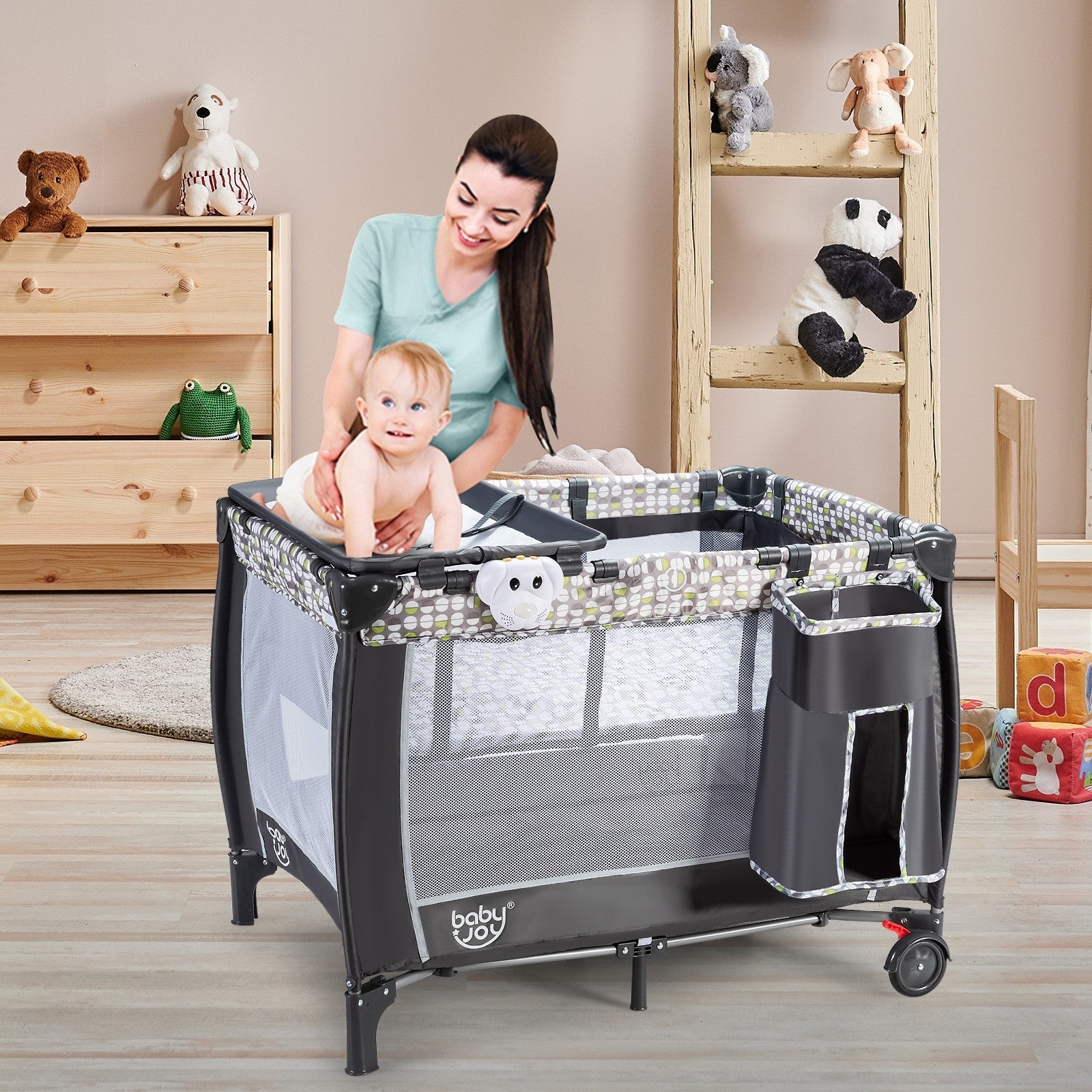 BABY JOY 4 in 1 Pack and Play with Adjustable Net, Portable Nursery Center Playard with Bassinet (Grey)