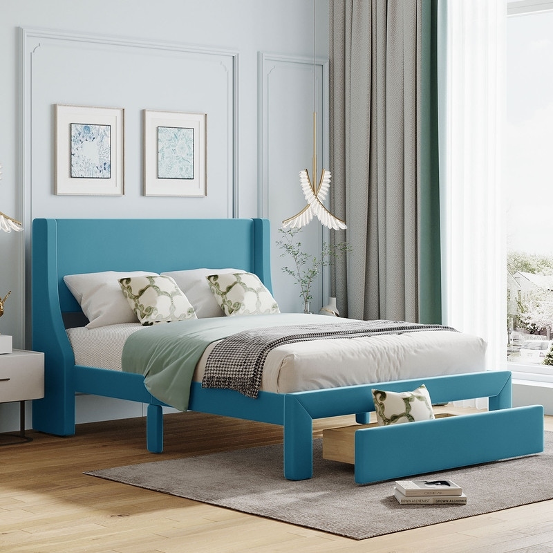 Full Size Bed Frame with A Storage Drawer  Velvet Upholstered Platform Bed with Wingback Headboard and Slat Support