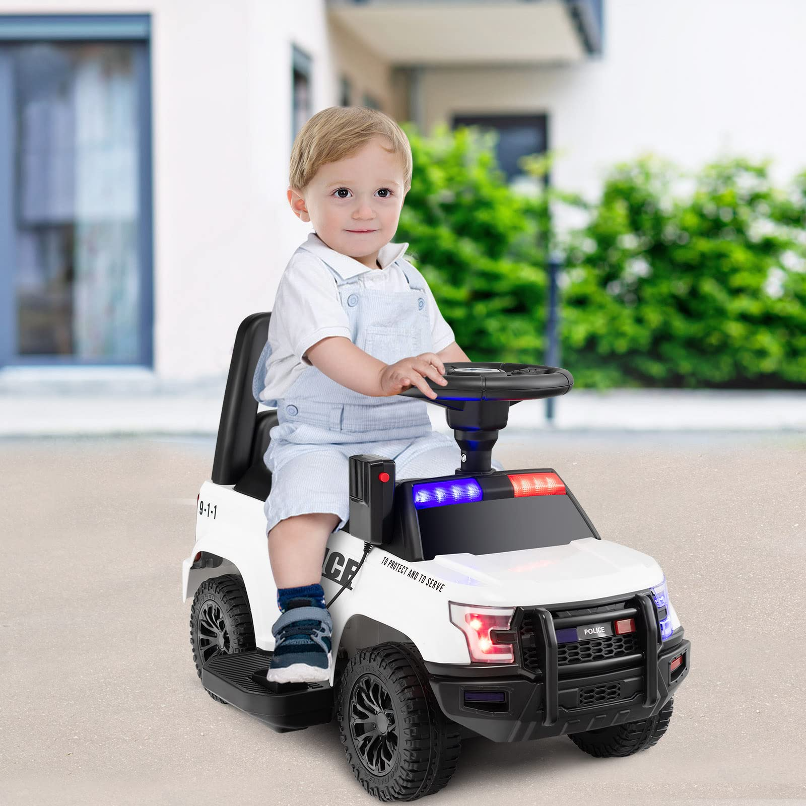 Costzon Ride on Car, 6V Battery Powered Police Car with Side Megaphone, Horn