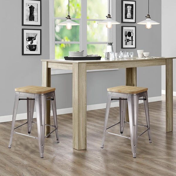 24Gunmetal Backless Metal Counter Stools with Light Wooden Seat(set of 2)