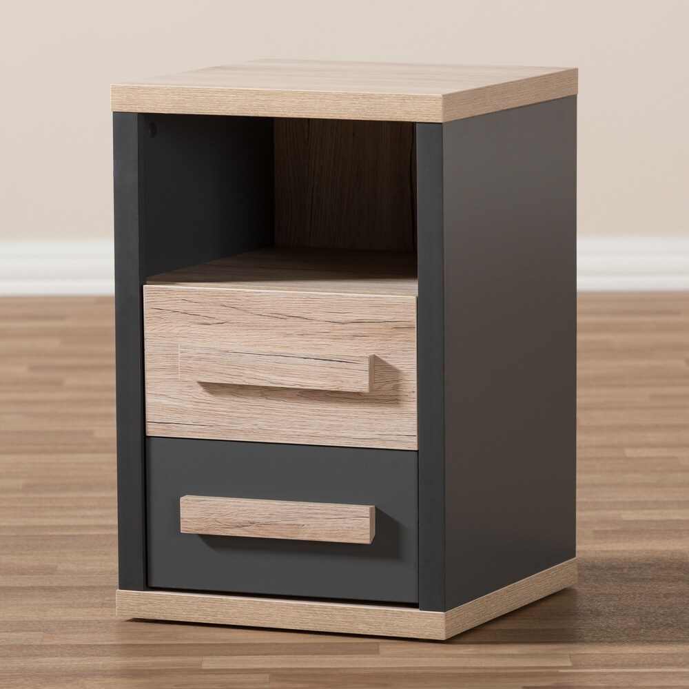 Contemporary Dark Grey and Light Brown Two Tone 2 Drawer Nightstand by Baxton Studio