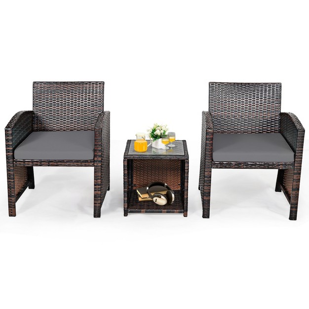 Tangkula 3 Pcs Patio Rattan Furniture Set Conversation Chair Set With Soft Cushion amp Coffee Table For Backyard Poolside Garden Gray