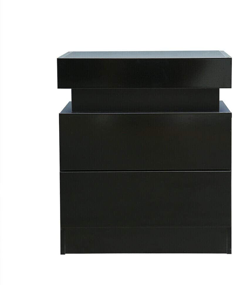 Modern Night Stand with LED Light, 2 Drawer Storage End Table Bedroom Storage Bedside Black