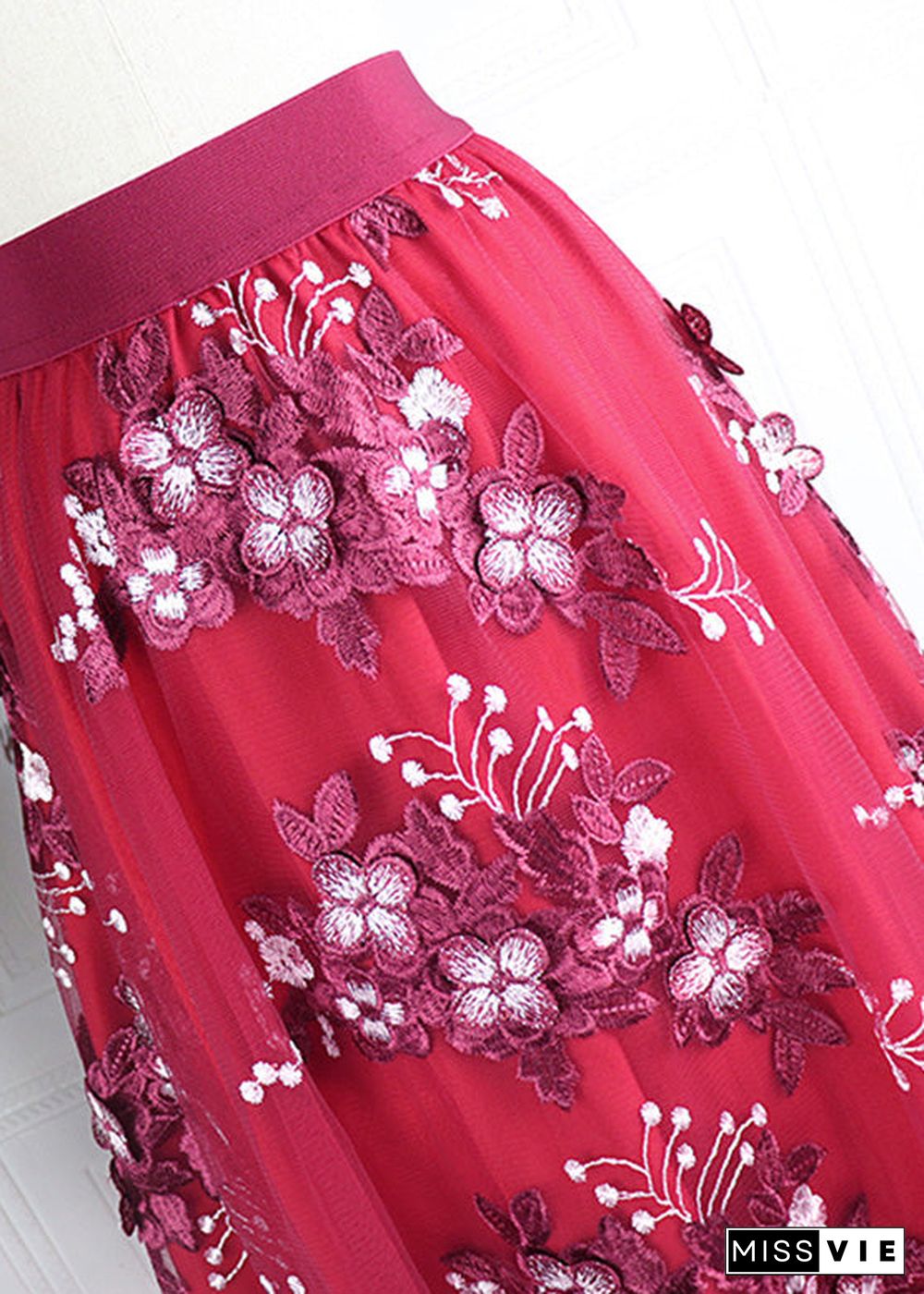 Novelty Mulberry Embroideried Floral Elastic Waist Tulle A Line Skirt Spring