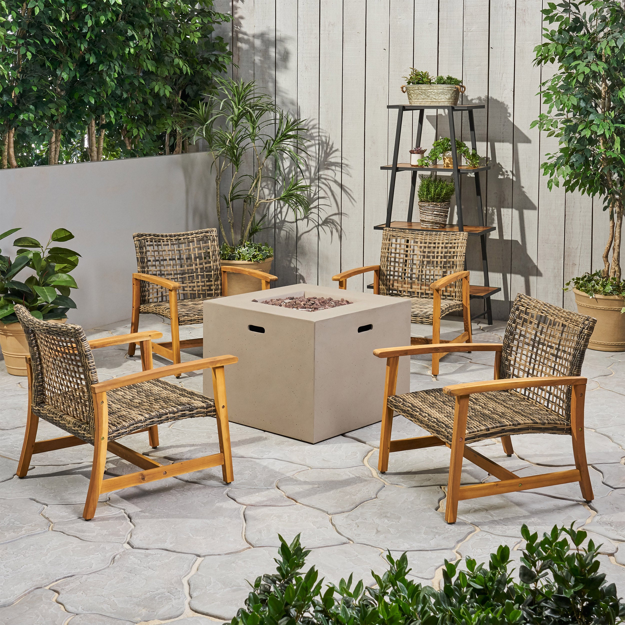 Tabby Outdoor 5 Piece Wood and Wicker Club Chairs and Fire Pit Set