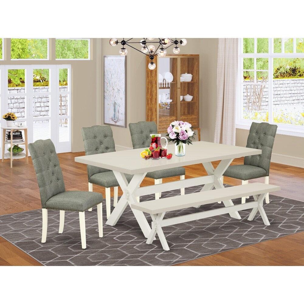 East West Furniture Table Set  a Dining Room Table with X Legs and Gray Linen Fabric Dining Chairs  Off White(Pieces Options)