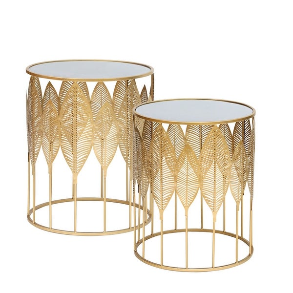 Adeco End Table Set of 2 Gold Accent Coffee Leaves Nightstands Stool - Set of 2