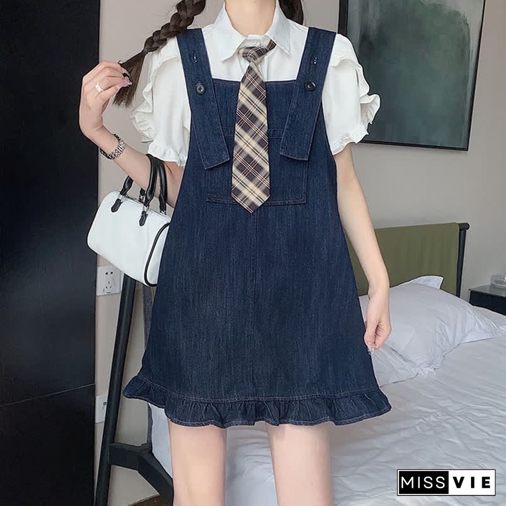 Pocket Lapel Tie T-Shirt Denim Overall Dress Two Pieces Set