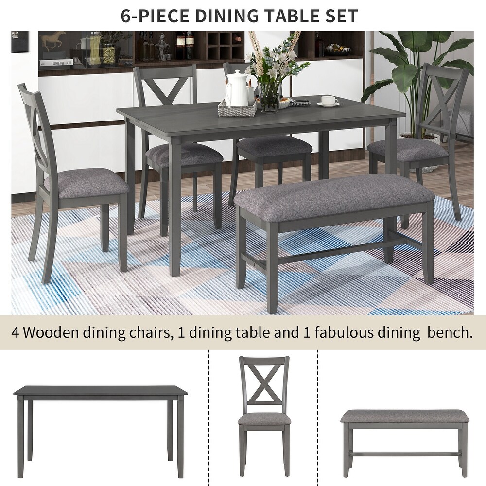 6 Piece Kitchen Dining Table Set Wooden Rectangular Dining Table