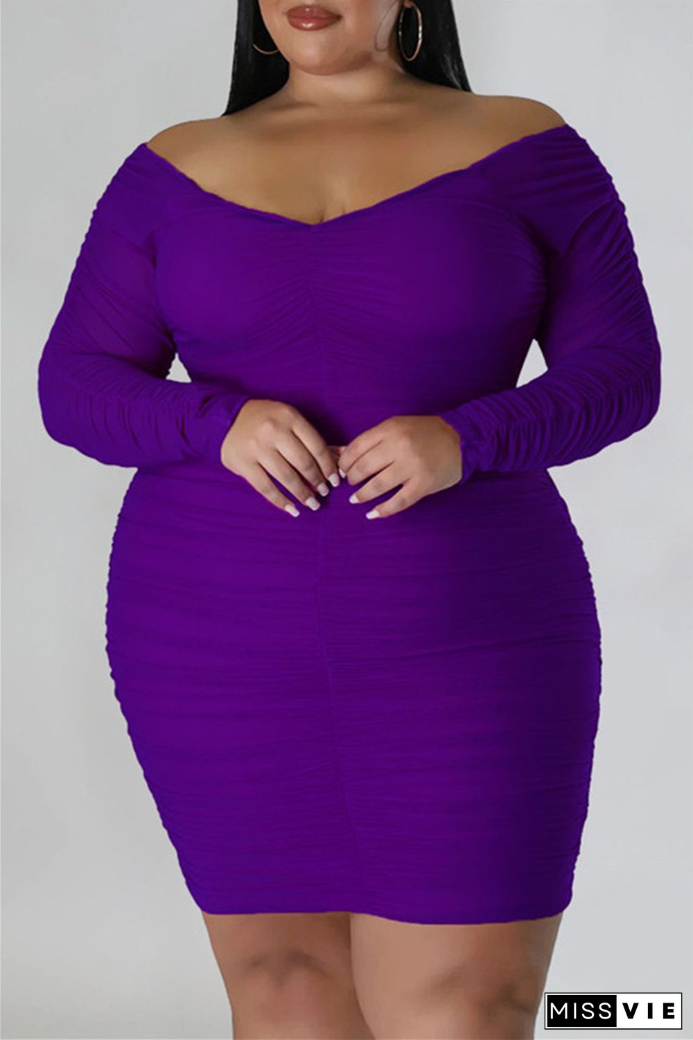 Casual Solid Basic V Neck Long Sleeve Plus Size Dresses