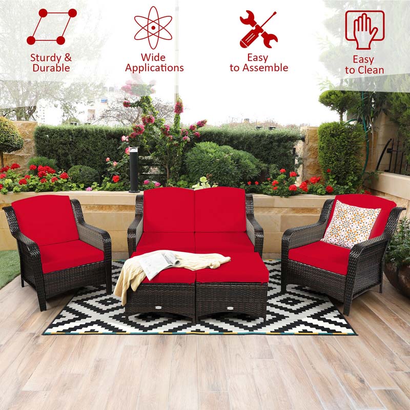 5 Pcs Rattan Wicker Patio Furniture Set with Loveseat, Single Sofas & Ottomans, Outdoor Conversation Sets